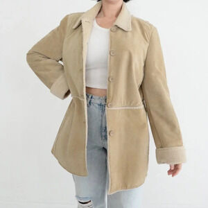 Vintage St. John's Bay Genuine Washable Suede Leather Tan &  Cream Button Coat L